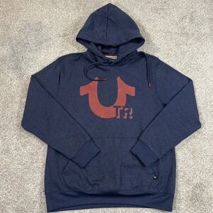 True Religion Men's Hoodie M Blue Pullover Sweatshirt Big Logo Streetwear Pocket